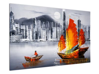 Schilderij - Victoria Harbor, Hong Kong, zwart-witte olieverfschilderij