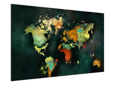 Schilderij - Donkergroene wereldkaart, aquarel
