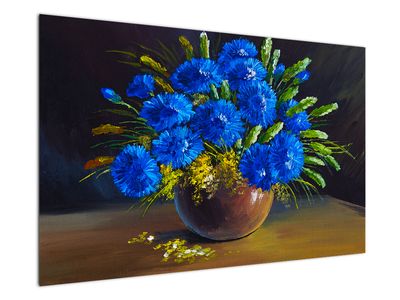 Kék virágok képe egy vázában