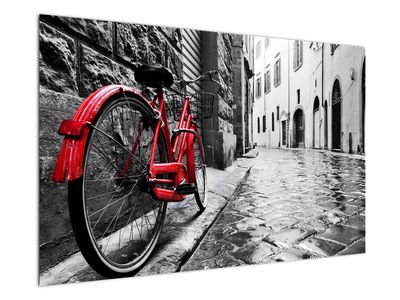 Slika rdečega kolesa na tlakovani ulici