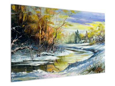 Schilderij - Rivier in de winter, olieverfschilderij