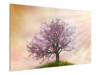 Obraz kwitnącego drzewa na szczycie wzgórza