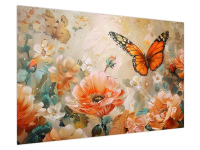 Bild auf Leinwand - Schmetterling und Blumen, Ölgemälde