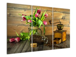 Obraz - tulipany, młynek i kawa