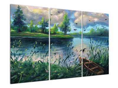Schilderij - Olieverfschilderij, Zomeravond aan het meer