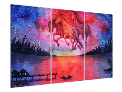 Slika - Prikaz vesoljskih konjev nad jezerom, akvarel