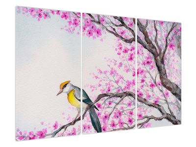 Obraz - Ptáček na stromě s růžovými květy
