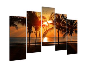 Schilderij - Palmboom bij zonsondergang