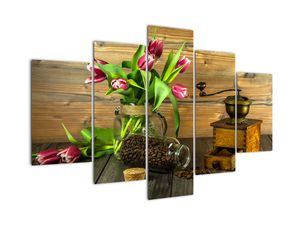Schilderij - Tulpen, koffiemolen en koffiebonen (V020553V150105)