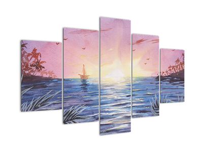 Schilderij - Zonsondergang boven het water, aquarel