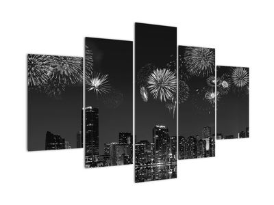 Schilderij - Vuurwerk in Miami, zwart-wit