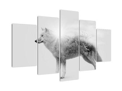 Schilderij - Poolwolf weerspiegelt wild landschap, zwart-wit