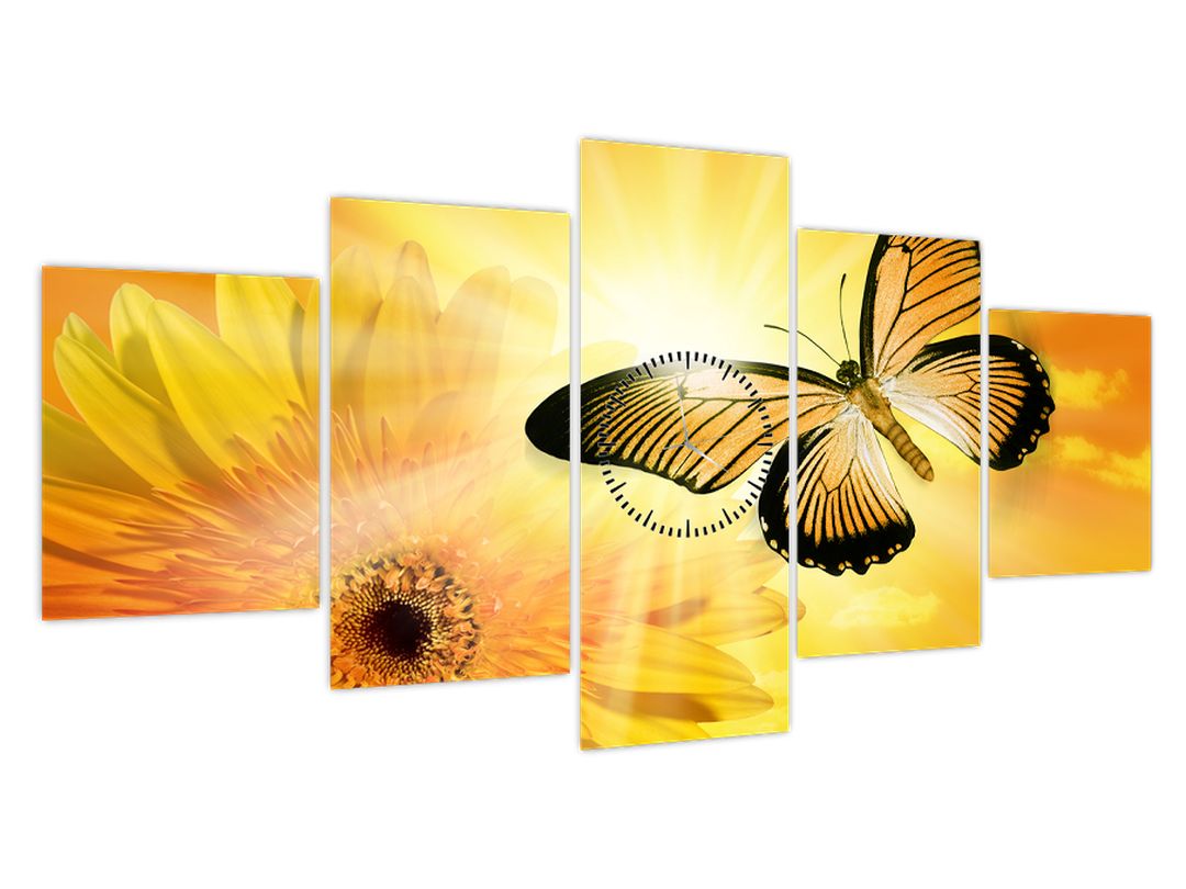 Obraz - Žlutý motýl s květem (s hodinami) (V022521V15080C)