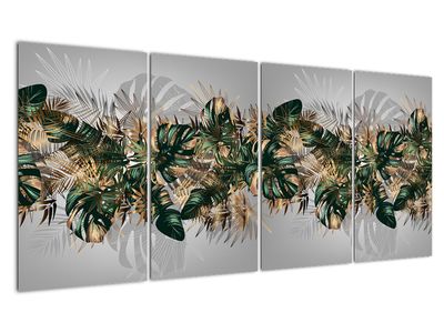 Schilderij - Goudgroene tropische bladeren
