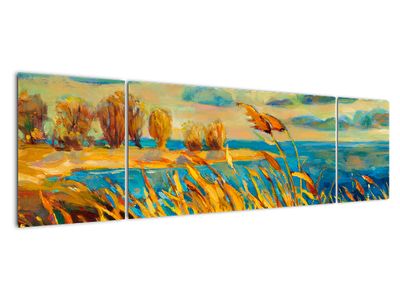 Obraz - Západajúce slnko nad jazerom, akrylová maľba