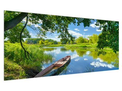 Obraz letní řeky s loďkou