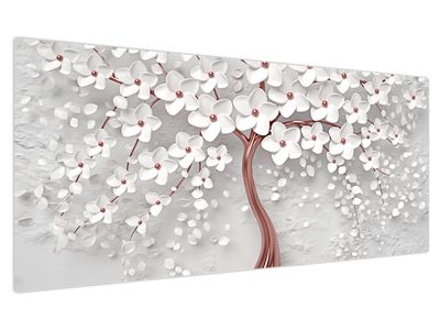 Obraz - Obraz bílého stromu s květinami, rosegold