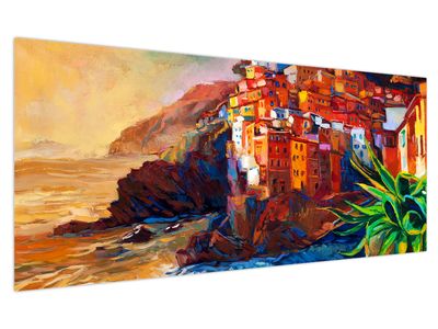 Tablou - Satul de coastă Cinque Terre, Riviera italiană, impresionismul modern