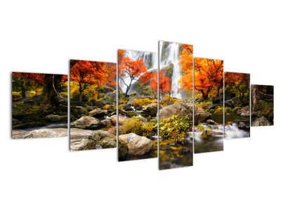 Schilderij - Watervallen in een oranje bos