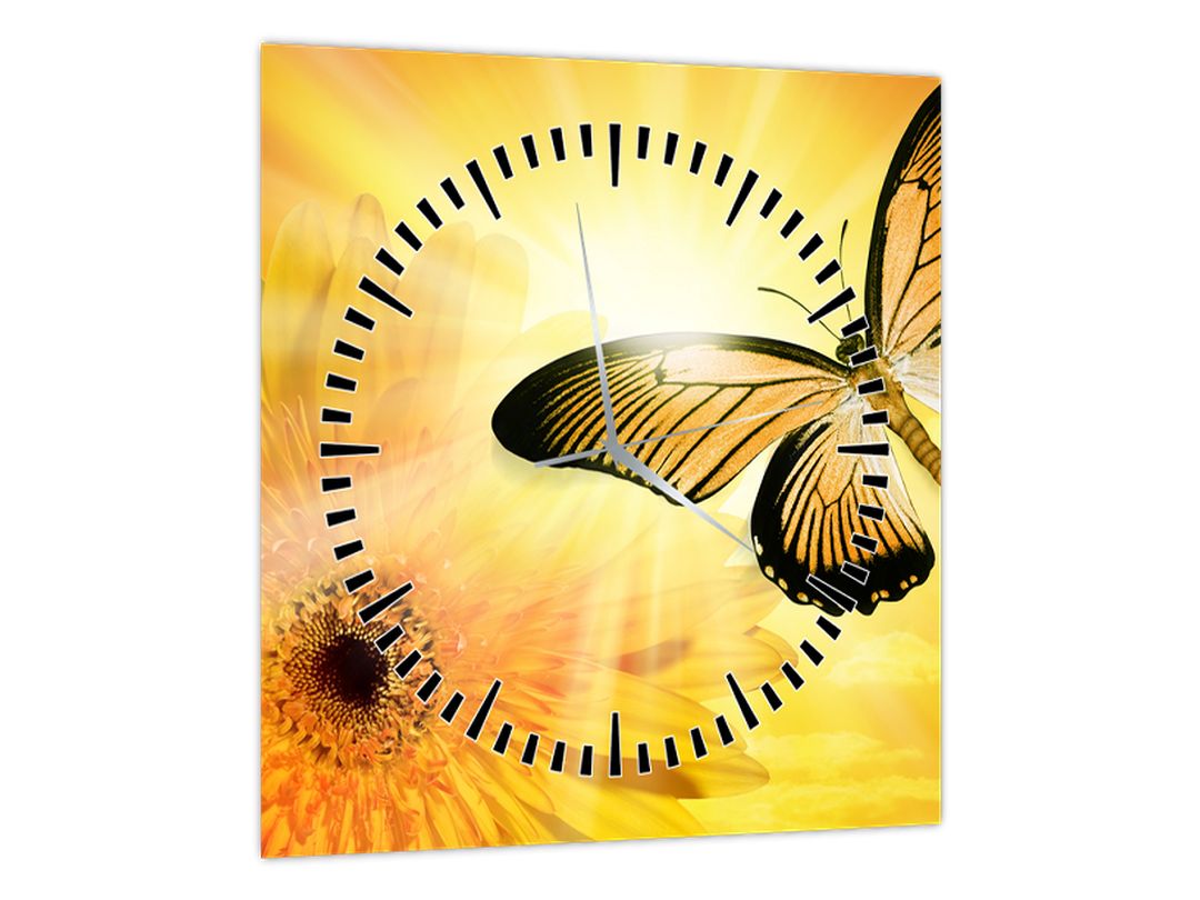 Obraz - Žlutý motýl s květem (s hodinami) (V022521V3030C)