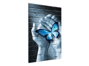 Schilderij - Blauwe vlinder aan de muur