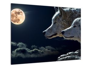 Tablou pe sticlă cu lupi în lună