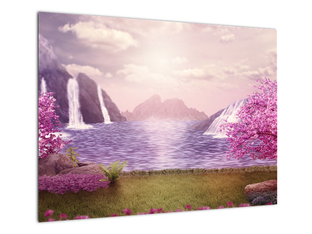 Skleněný obraz růžových stromů s jezerem (V020463V7050GD)