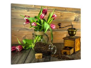 Glasschilderij - Tulpen, koffiemolen en koffiebonen