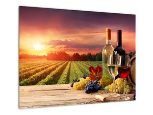 Glasschilderij - Wijngaard met druiven en wijn