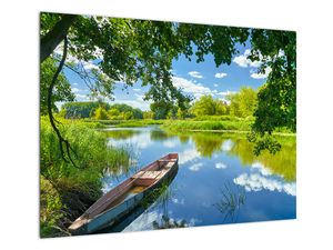 Sklenený obraz letné rieky s loďkou