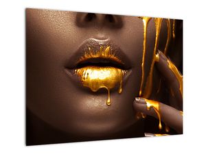 Glasschilderij - Vrouw met gouden lippen