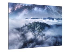 Sklenený obraz lesa v hmle