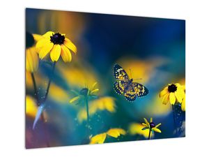 Staklena slika - Žuti leptir s cvijećem