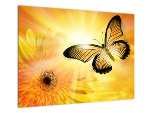 Staklena slika - Žuti leptir s cvijetom