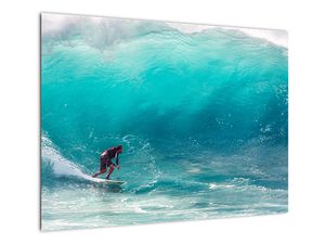 Sklenený obraz surferov vo vlnách