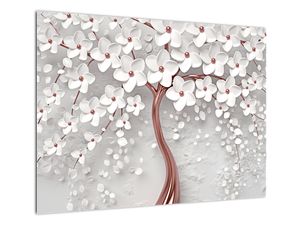 Tablou pe sticlă - Imaginea copacului alb cu flori albe, rosegold