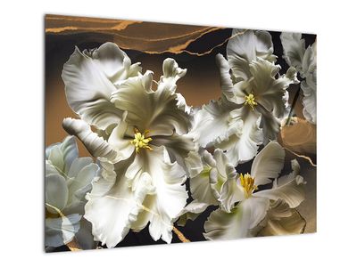 Tablou pe sticlă - Flori de orhidee pe fundal de marmură