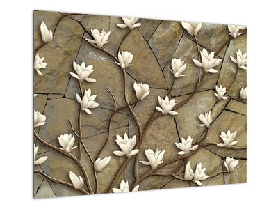 Steklena slika - Bele magnolije na kamnitem zidu