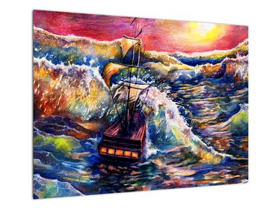 Skleněný obraz - Loď na oceánských vlnách, aquarel