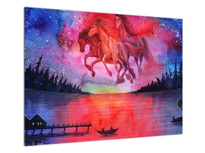 Skleněný obraz - Zjevení vesmírných koňů nad jezerem, aquarel