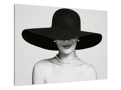 Glasschilderij - Vrouw met hoed