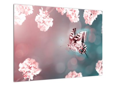 Glasbild - Schmetterling mit Blüten