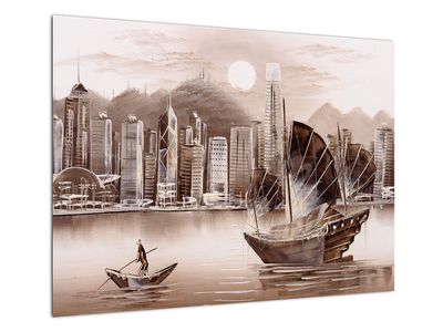 Skleněný obraz - Victoria Harbor, Hong Kong, sépiový efekt