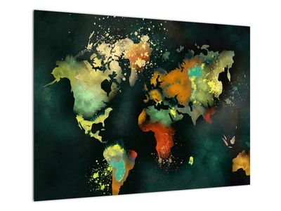 Staklena slika - Zemljevid sveta v temno zeleni barvi, akvarel