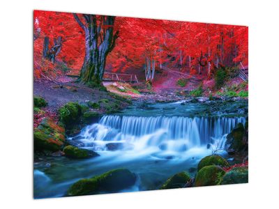 Steklena slika slapa v rdečem gozdu