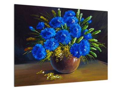 Steklena slika modrih cvetov v vazi
