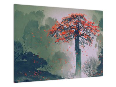 Skleněný obraz osamoceného červeného stromu