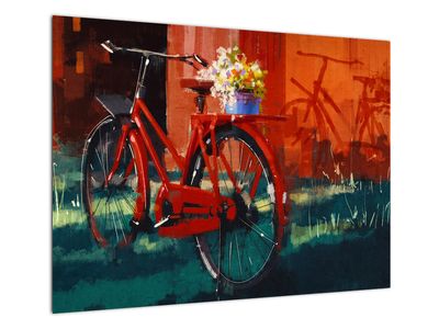 Glasschilderij - Rode fiets, acrylschilderij