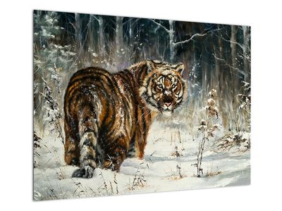 Skleněný obraz - Tygr v zasněženém lese, olejomalba