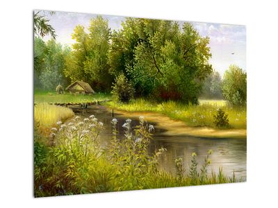 Sklenený obraz - Rieka pri lese, olejomaľba